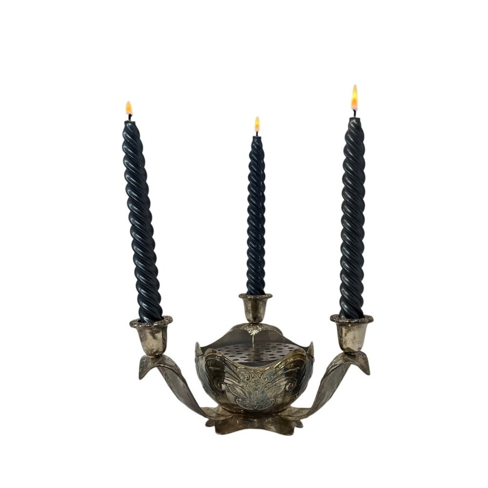 Vintage Silverplate Centerpiece with Flower Frog and 3 Taper Candle Holders – Vi